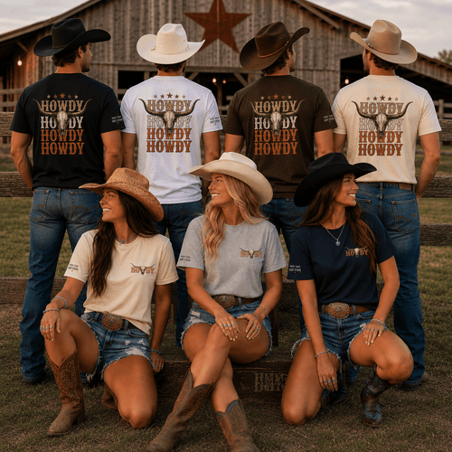 Group wearing Howdy Howdy Howdy longhorn skull western T-shirts