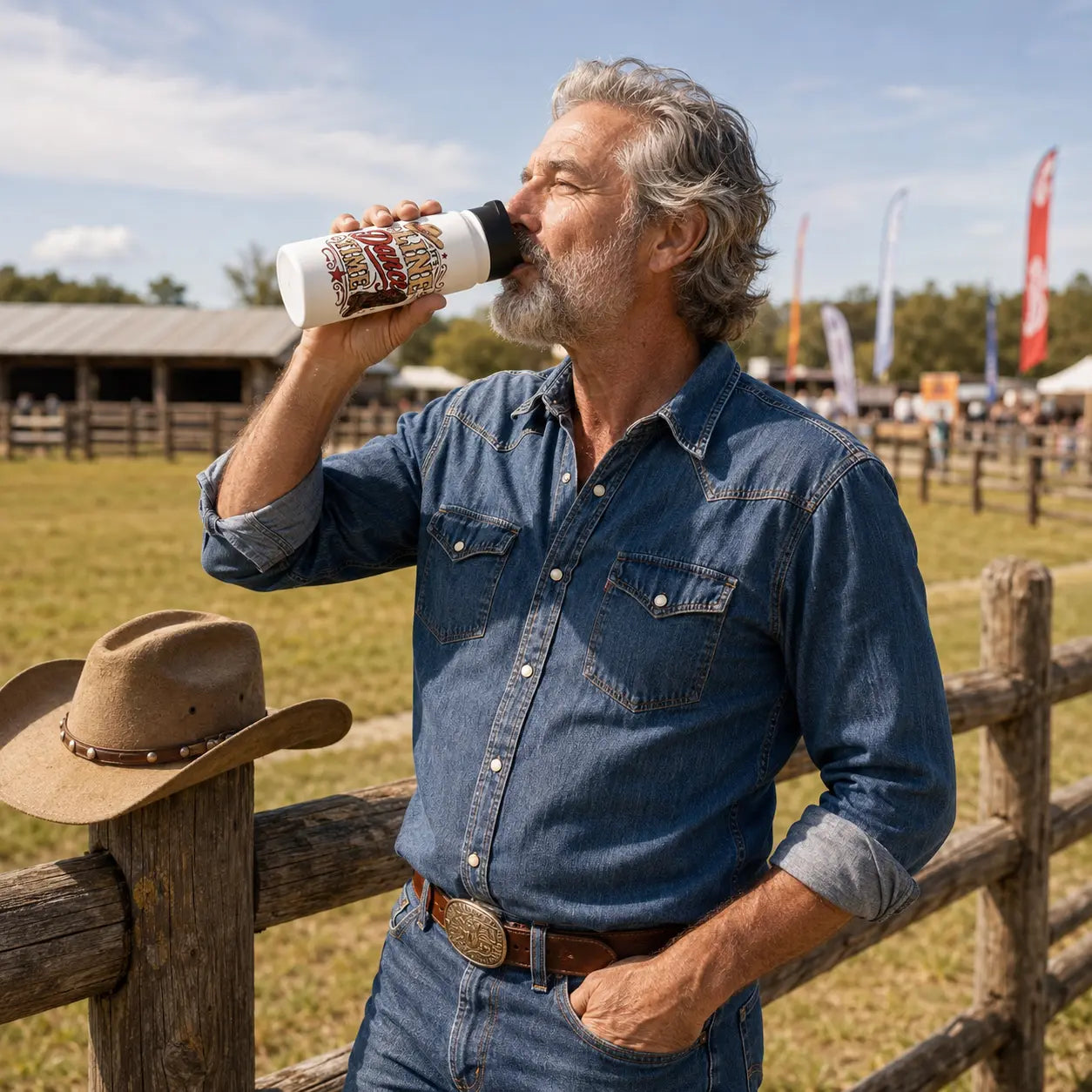Male line dancer drinking from an It's Line Dance Time personalised stainless steel bottle at a country event