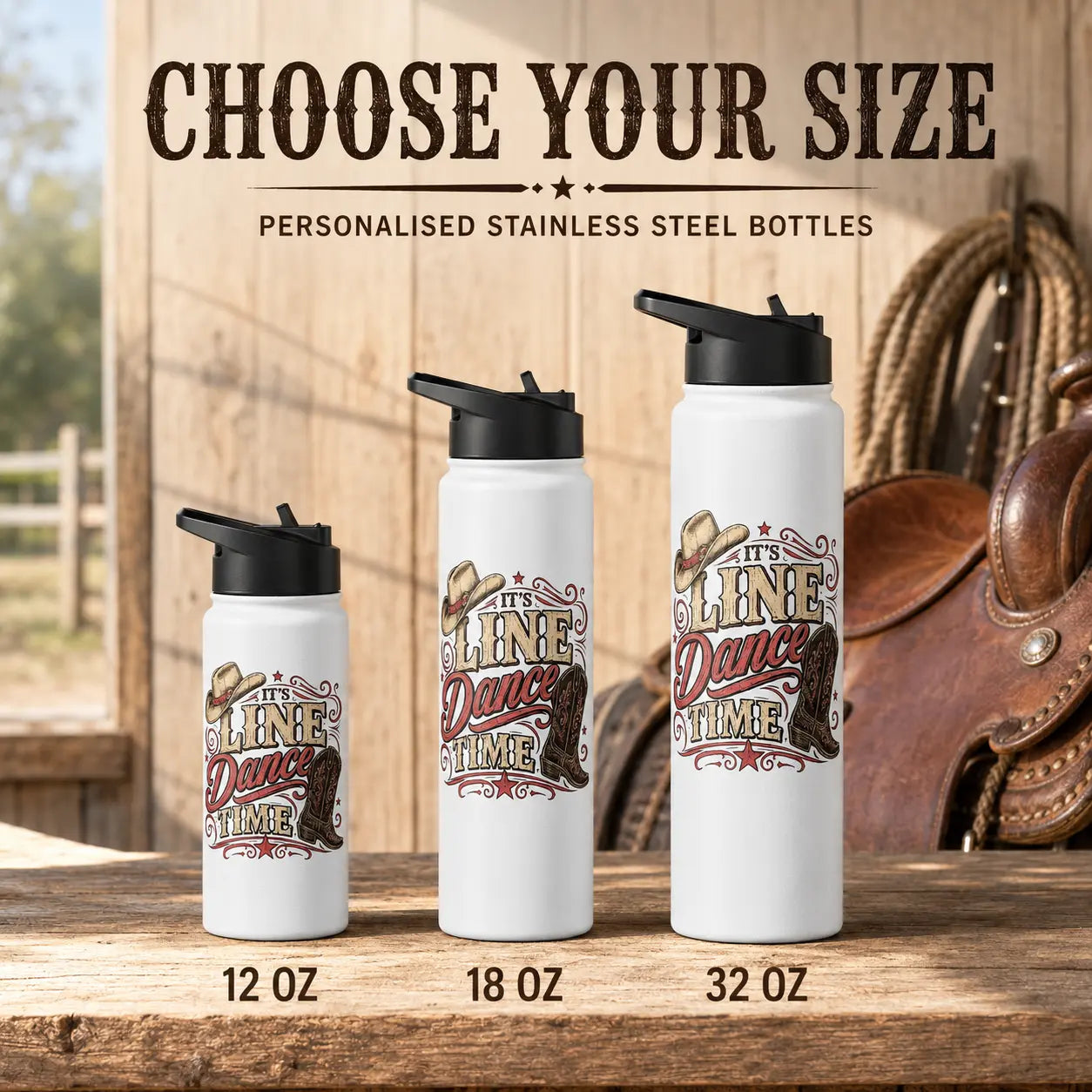 It's Line Dance Time personalised stainless steel bottles in 12 oz, 18 oz and 32 oz sizes