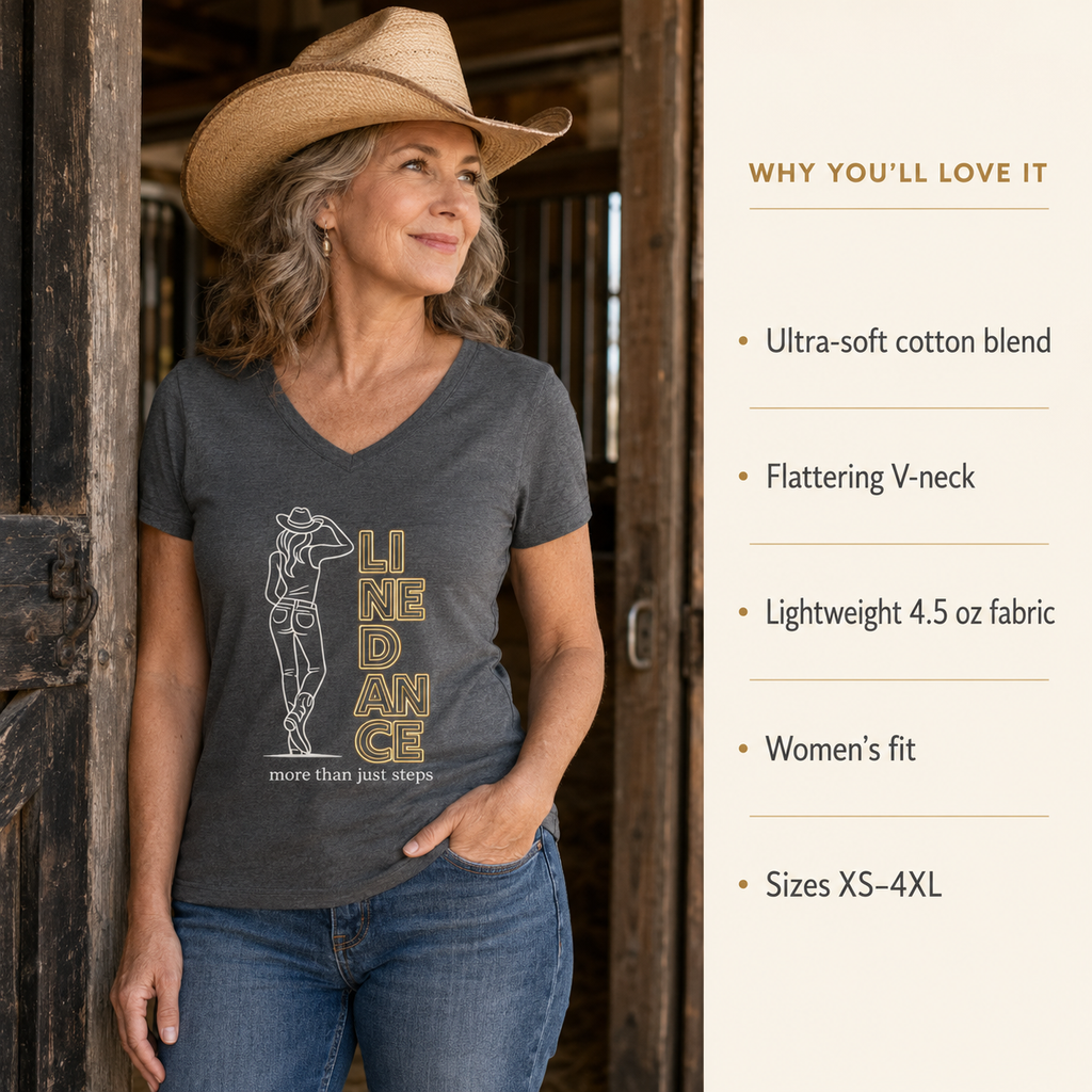 Infographic showing the women’s line dance V-neck tee with soft cotton blend, lightweight fabric and sizes XS to 4XL
