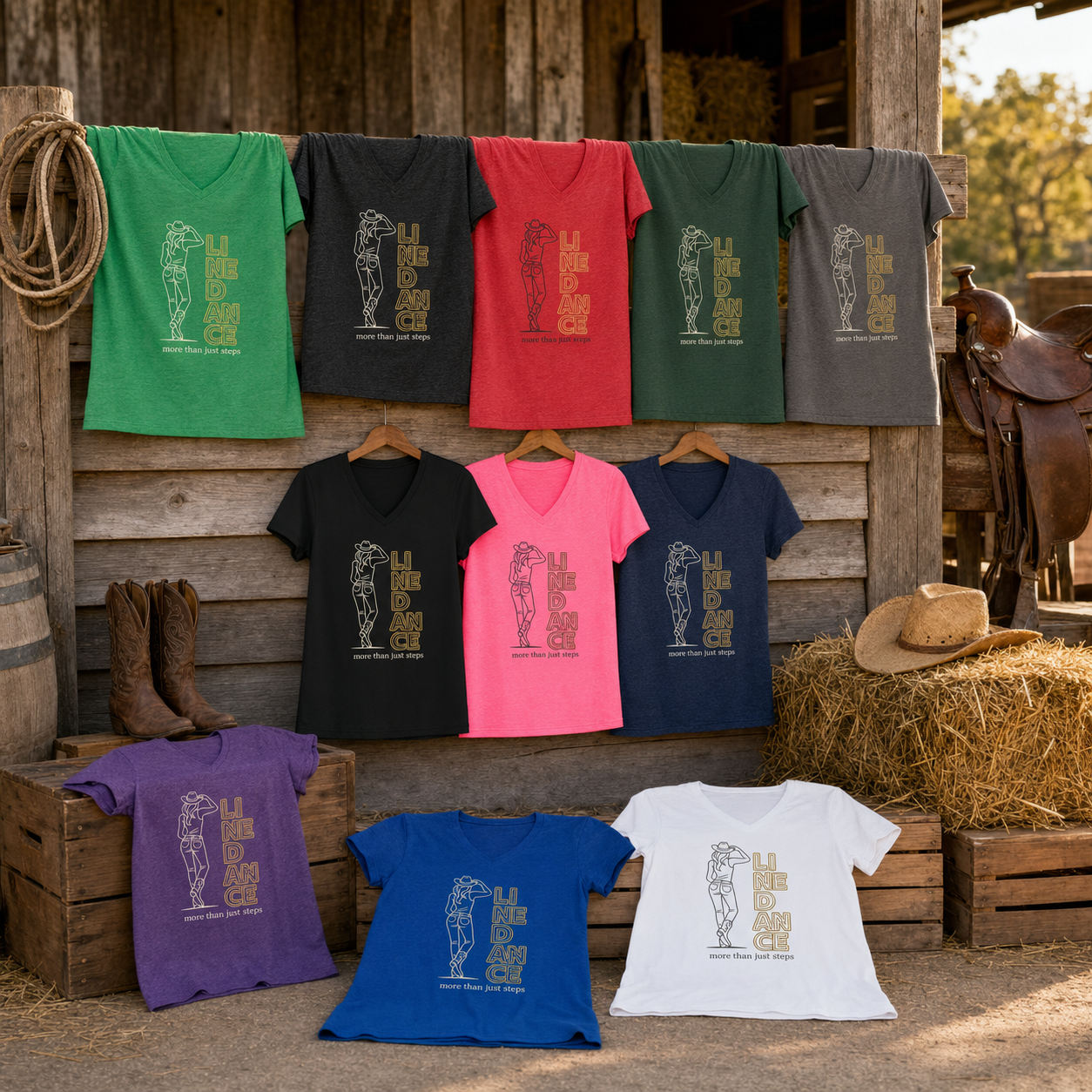 All 11 colours of the More Than Just Steps women’s V-neck tee displayed with western props beside a stable