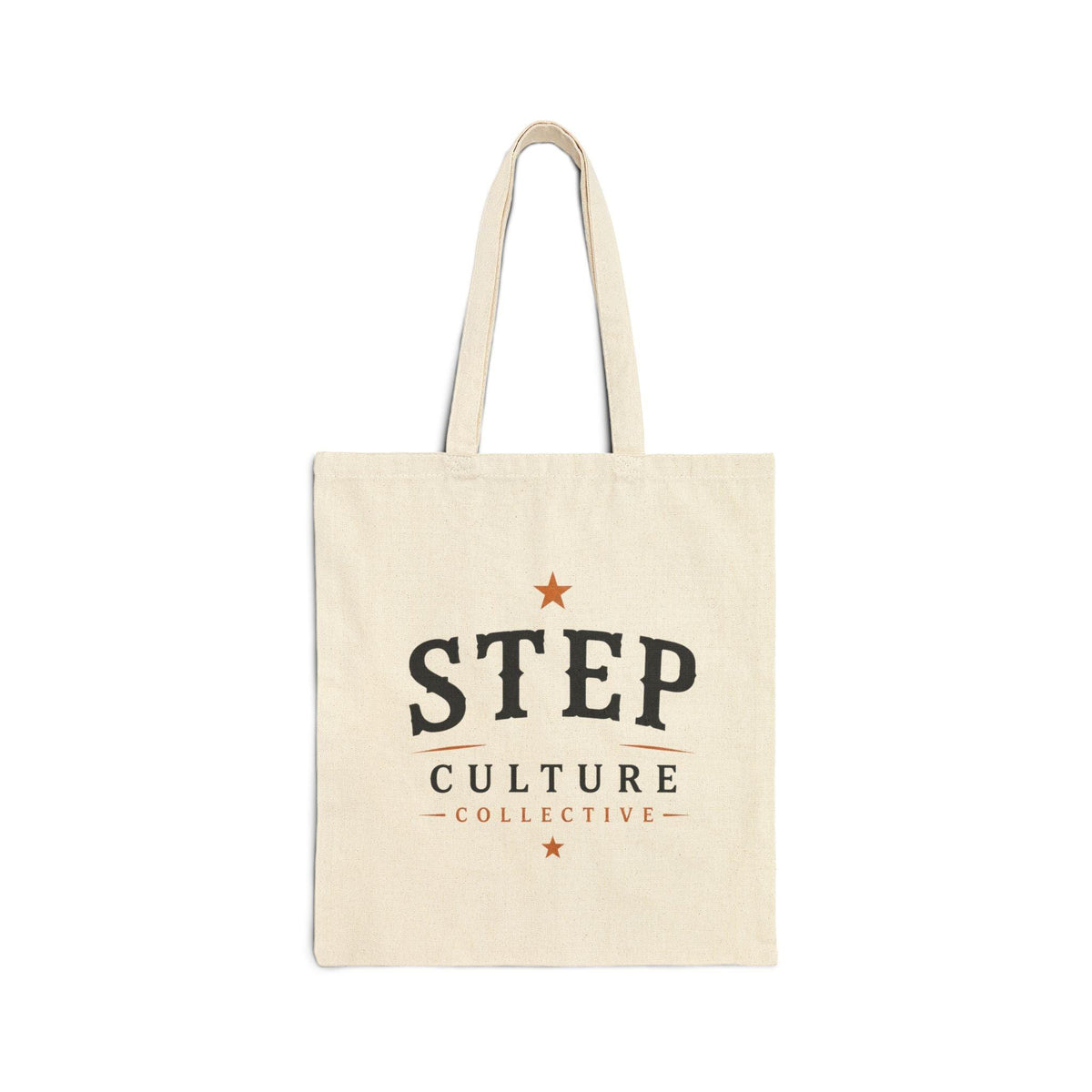 Natural canvas tote bag with Step Culture Collective branding on a clean product background.