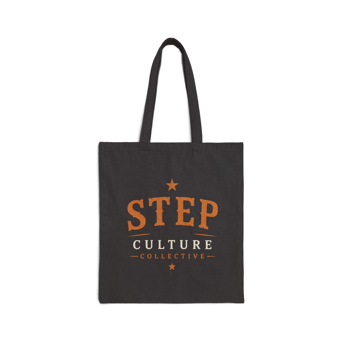 Black canvas tote bag with Step Culture Collective branding on a clean product background.