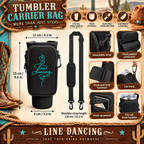 Line dancing bottle carrier bag western infographic with dimensions and features