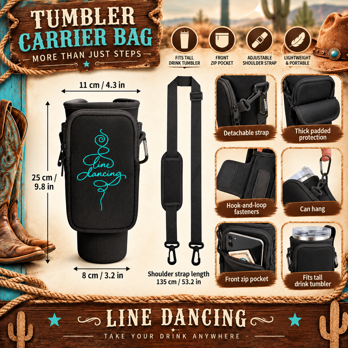 Line dancing bottle carrier bag western infographic with dimensions and features