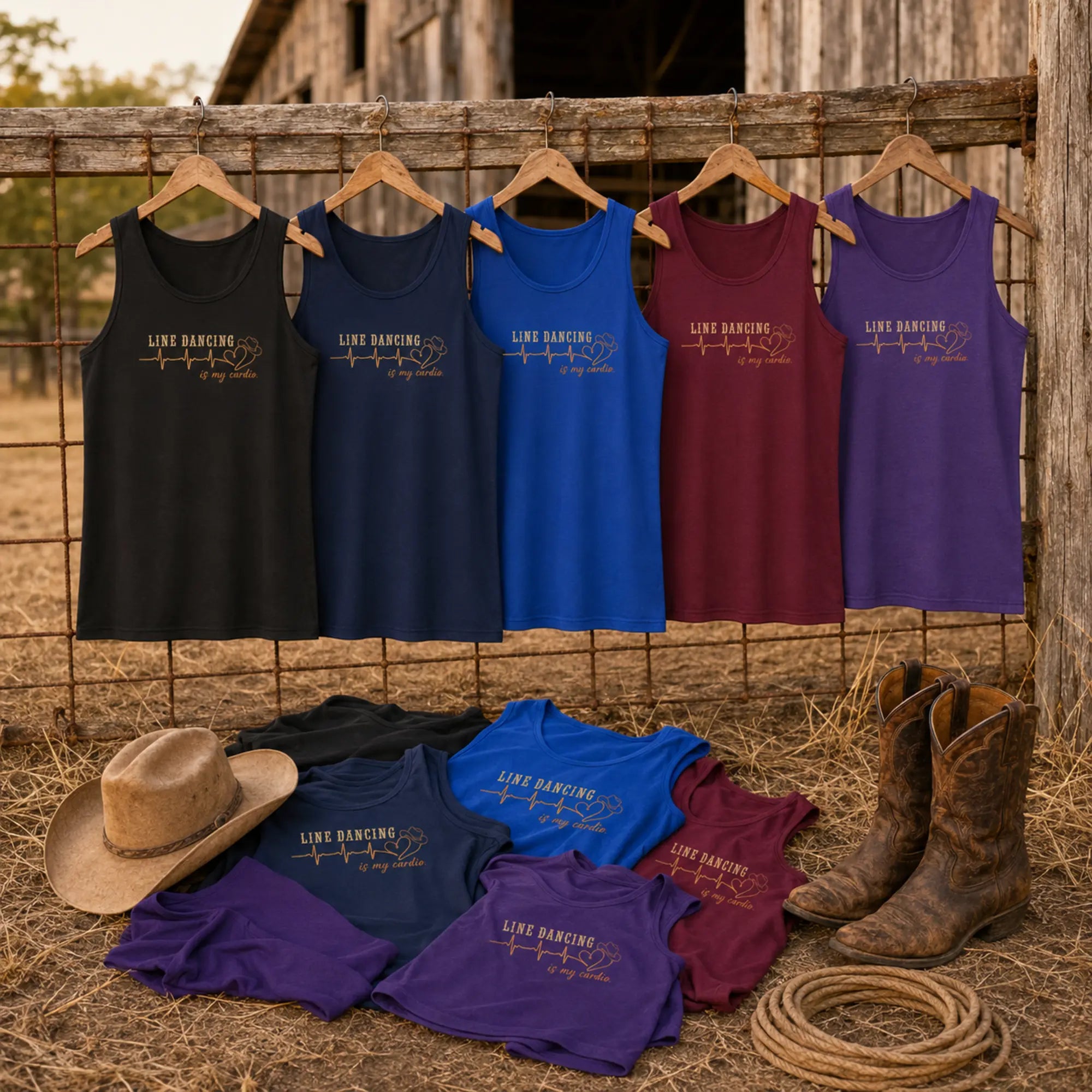 Line Dancing Is My Cardio tank tops in black, navy, royal blue, maroon and purple displayed on a rustic barn fence