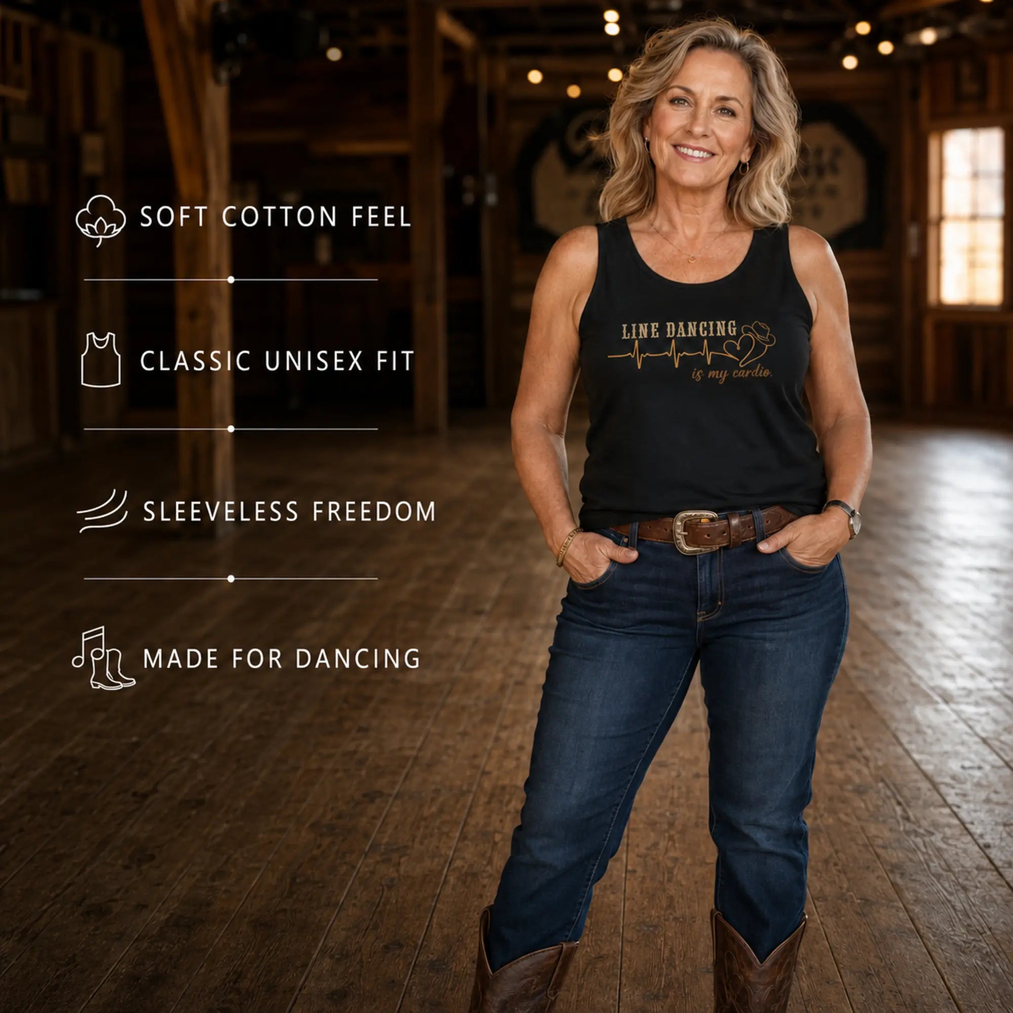 Woman wearing a black Line Dancing Is My Cardio tank top with cotton, fit, movement and dancing feature icons
