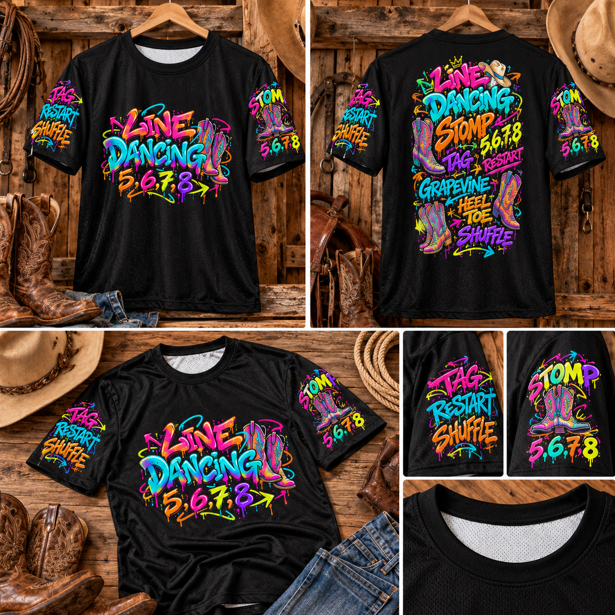 Line Dancing Graffiti jacquard mesh sports jersey infographic with breathable fabric and fit features