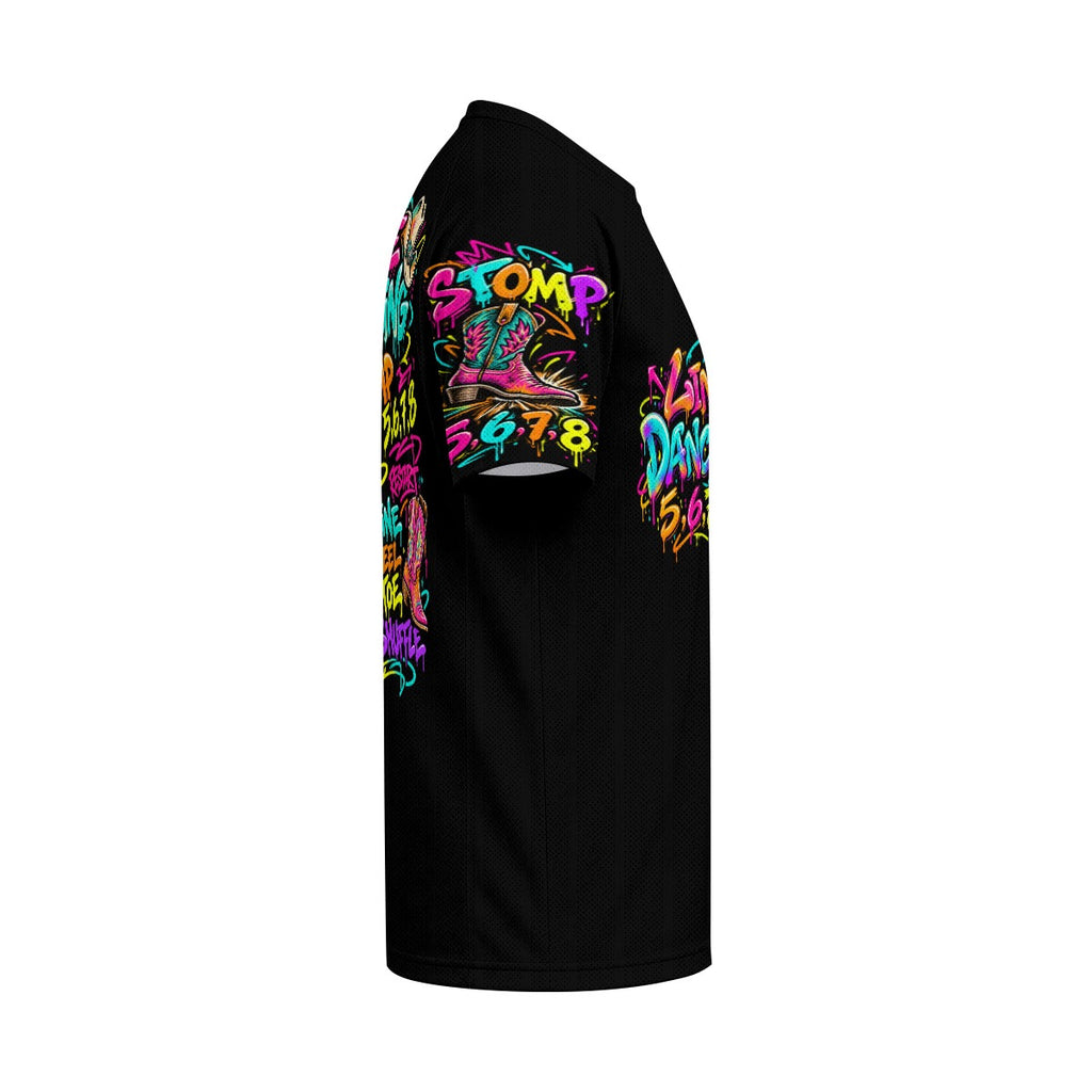 Line Dancing Graffiti sports jersey sleeve detail with Tag Restart and Shuffle artwork