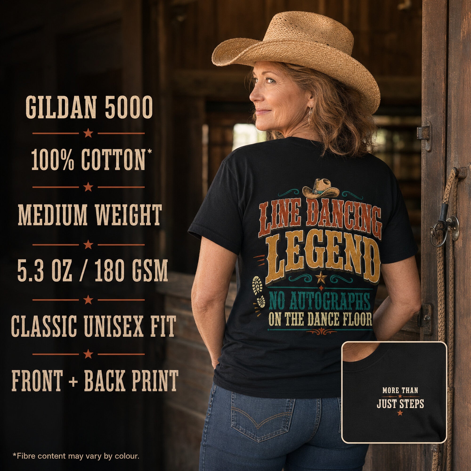 Gildan 5000 Line Dancing Legend T-shirt quality and fabric infographic with front and back print details