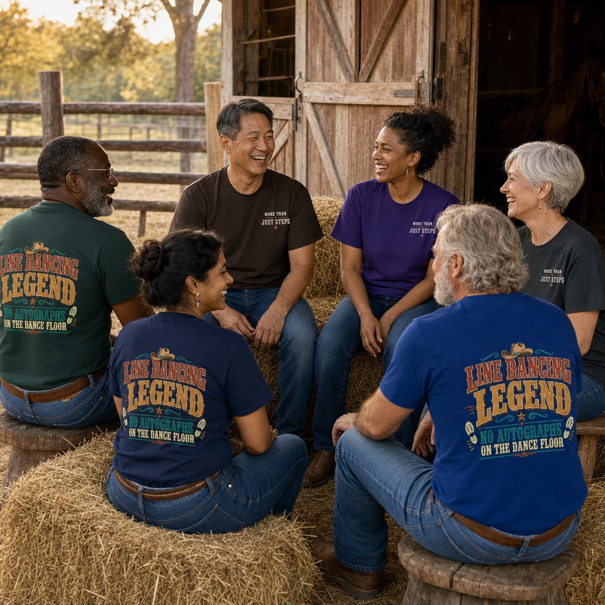 Six diverse line dancers wearing Line Dancing Legend T-shirts showing the front and back designs outside a rustic stable