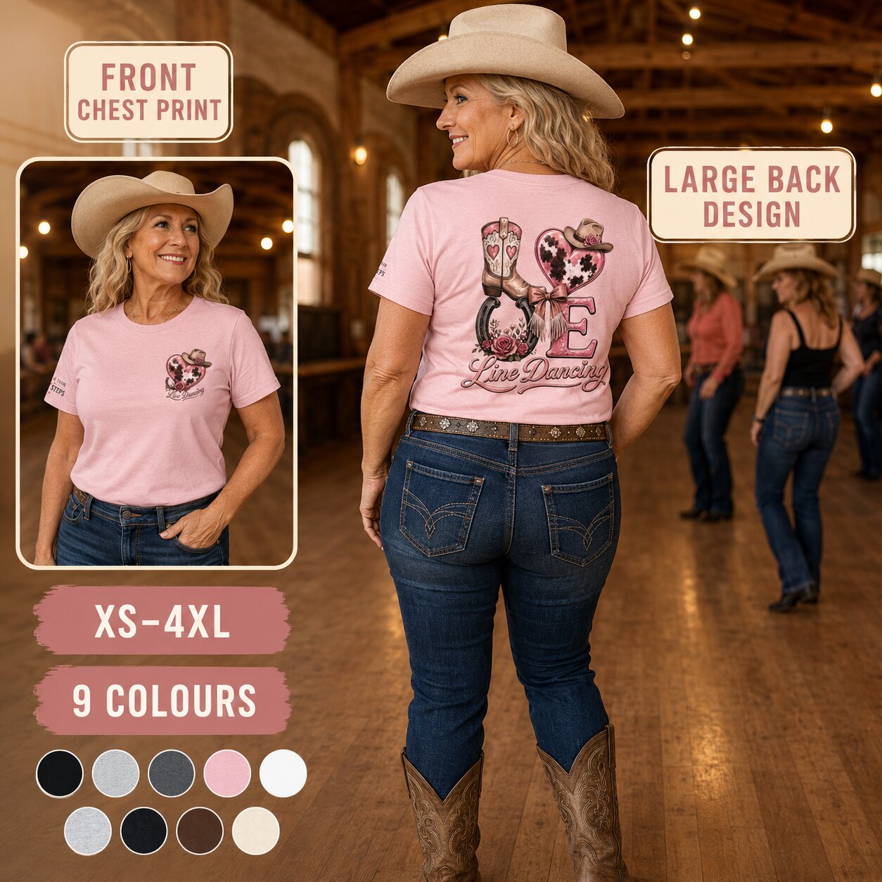 Woman wearing a pink Line Dancing Love tee showing the front chest print and large back design, sizes XS to 4XL