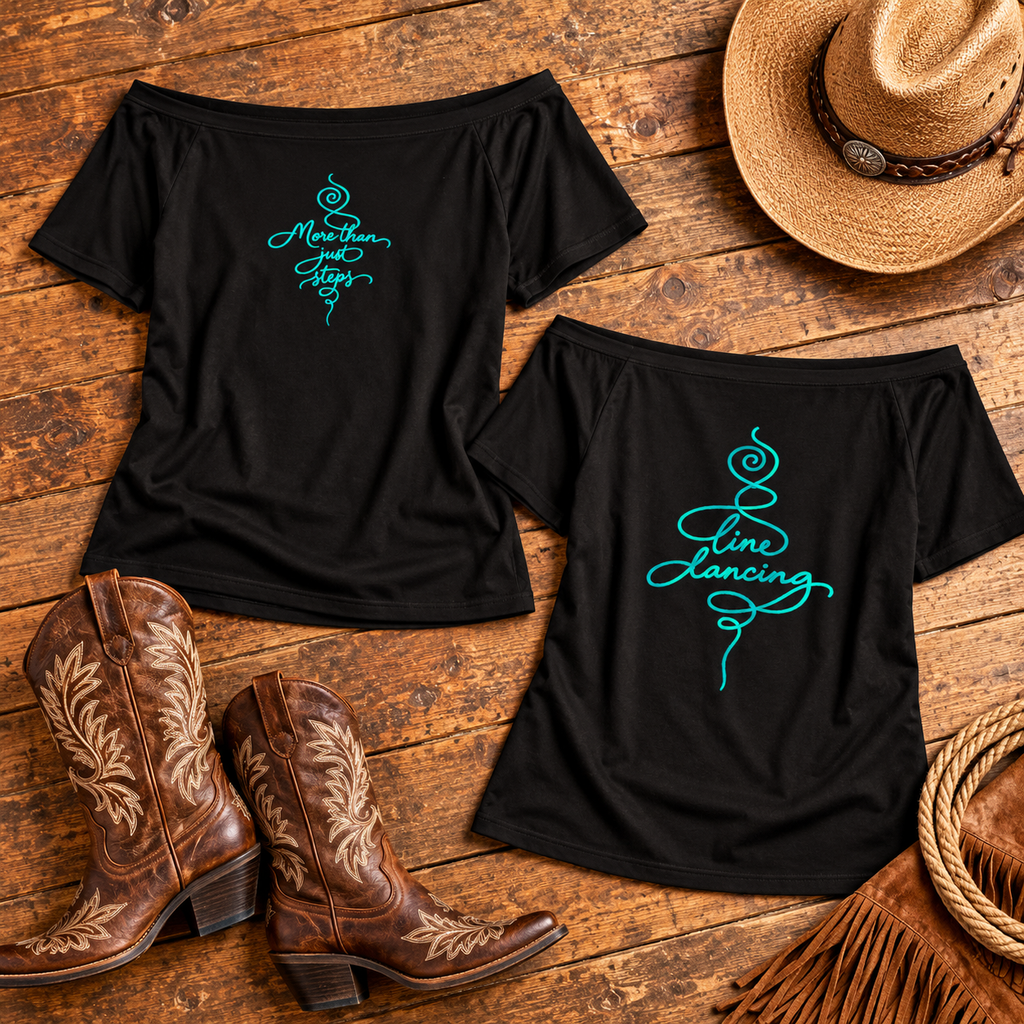 Line Dancing Off-Shoulder Top front and back flat lay with cowboy hat and boots
