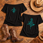 Line Dancing Off-Shoulder Top front and back flat lay with cowboy hat and boots