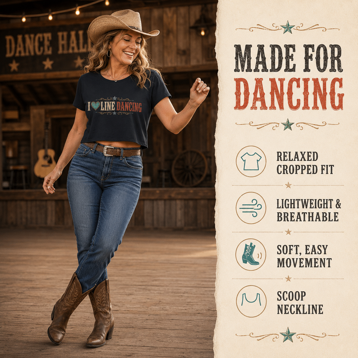 I Love Line Dancing cropped tee infographic showing the front design and fit