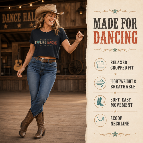I Love Line Dancing cropped tee infographic showing the front design and fit