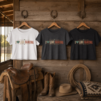 I Love Line Dancing cropped tee infographic showing colours and product details