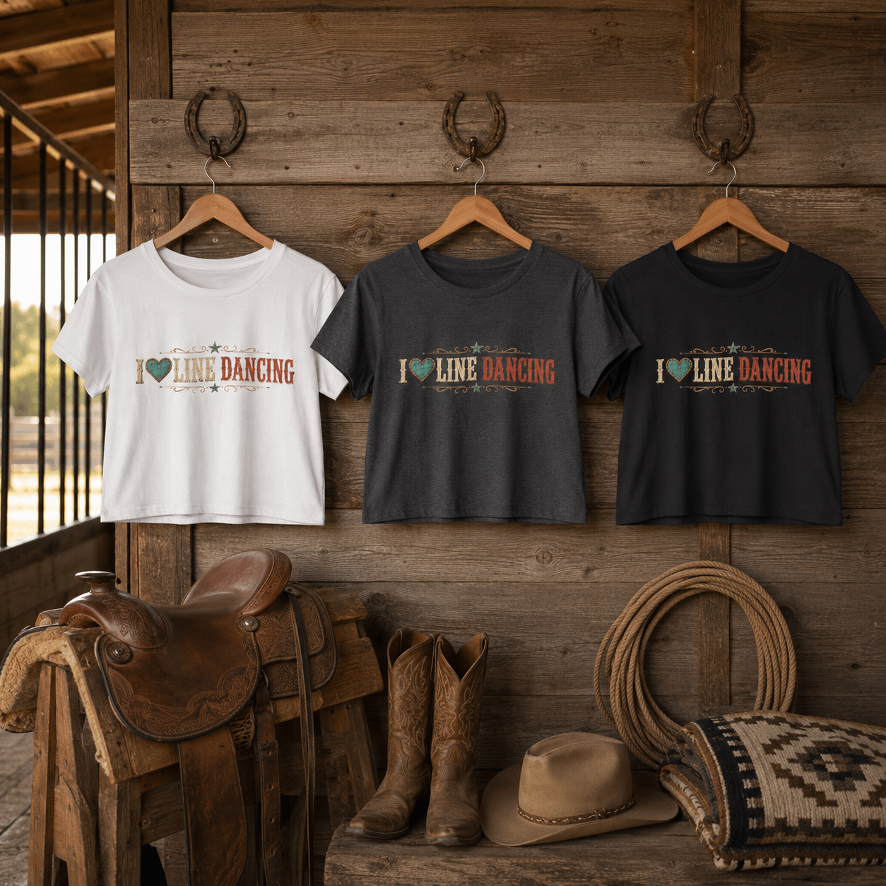 I Love Line Dancing cropped tee infographic showing colours and product details