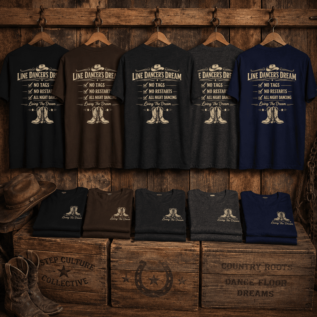 Line Dancer's Dream No Tags No Restarts tees folded in a western display