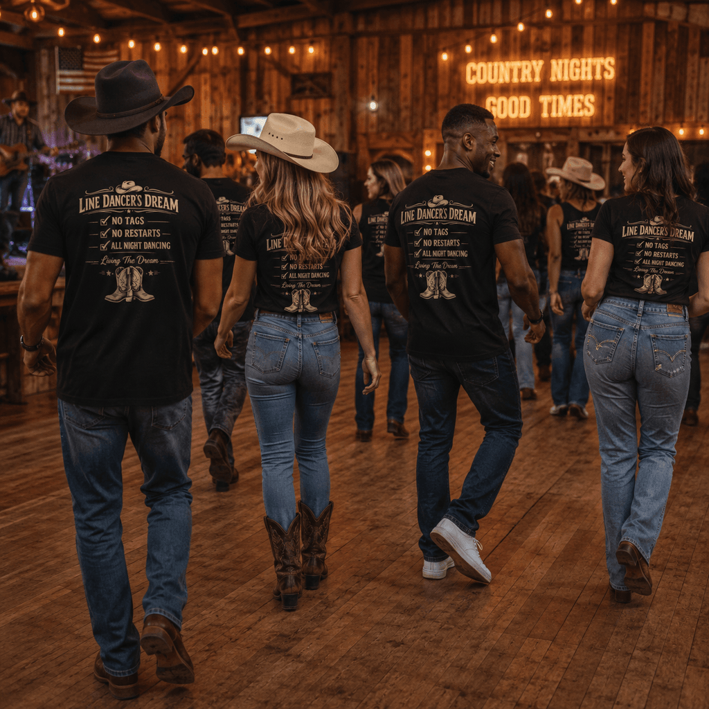 Line dancers wearing Line Dancer's Dream No Tags No Restarts T-shirts