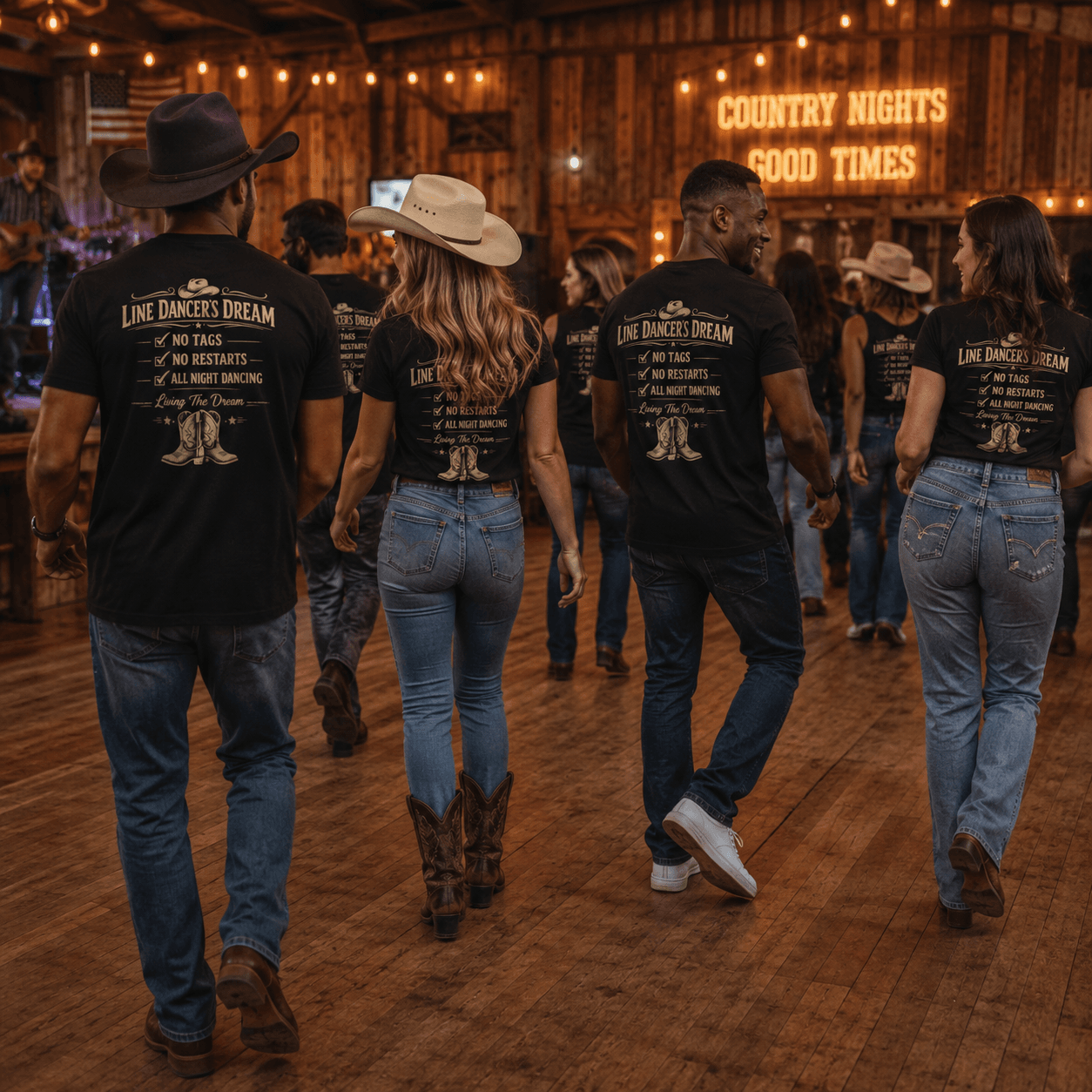 Line dancers wearing Line Dancer's Dream No Tags No Restarts T-shirts