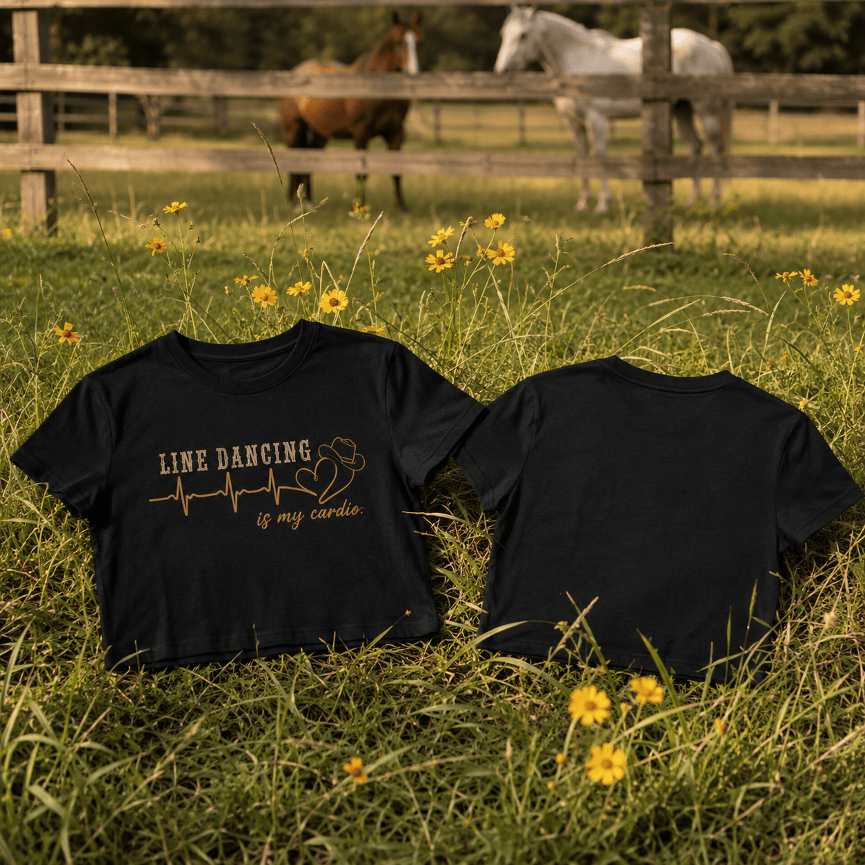 Line Dancing Is My Cardio cropped tee in a western-themed flat lay