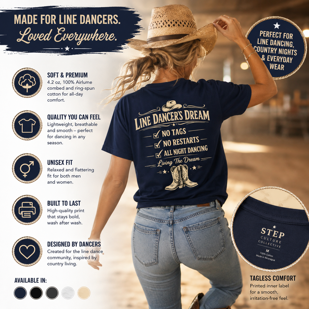 Line Dancer’s Dream T-shirt infographic showing the front and back prints and garment features