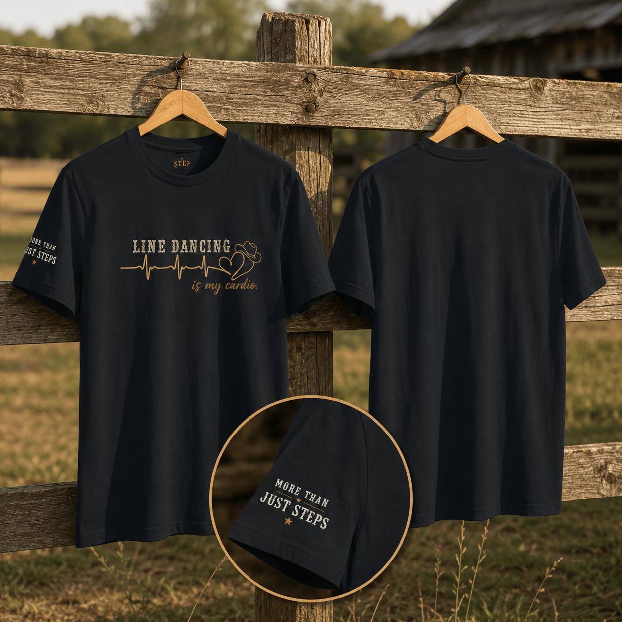Close-up of the Line Dancing Is My Cardio T-shirt graphic print