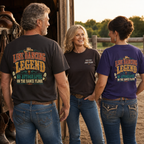 Line Dancing Legend unisex T-shirt worn by line dancers in a rustic country setting