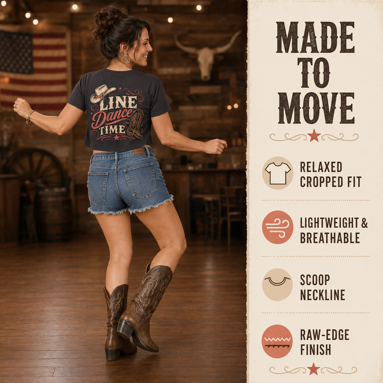 It’s Line Dance Time crop top product features infographic