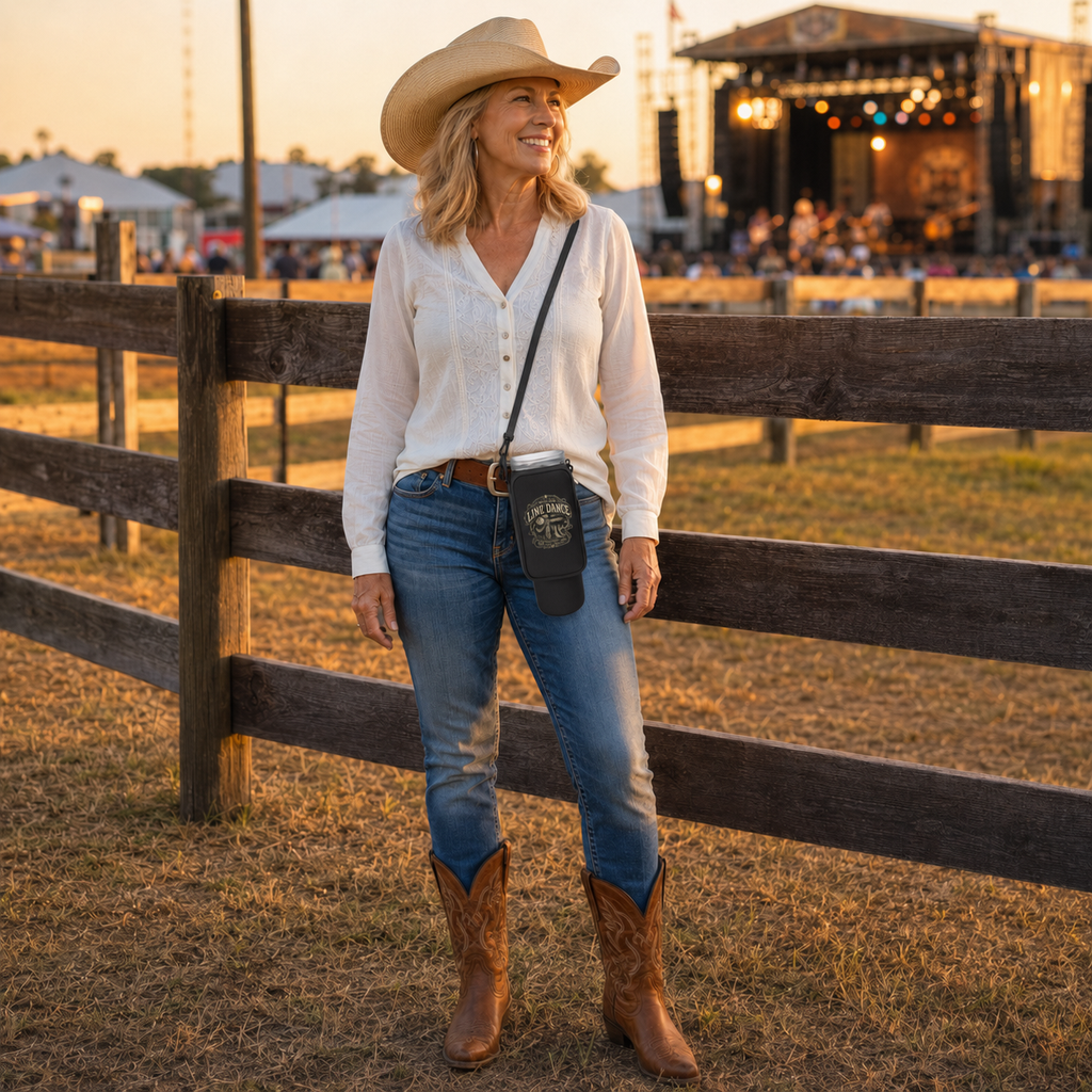Mature country music fan wearing the Live Love Line Dance bottle carrier bag crossbody at a festival