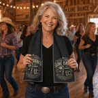 Mature line dancer wearing the Live Love Line Dance quick-dry towel around her neck after dancing