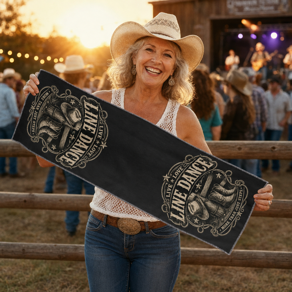 Mature woman holding the Live Love Line Dance quick-dry towel at a country music festival