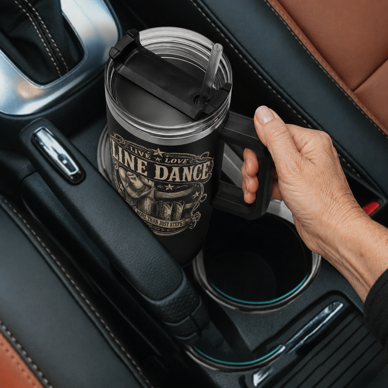 Mature woman holding the handle of the Live Love Line Dance 40 oz tumbler in a car cup holder