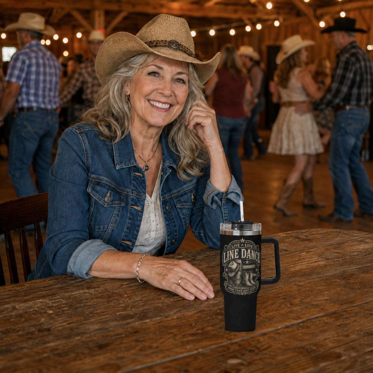 Mature line dancer seated at a rustic dance hall table with the Live Love Line Dance 40 oz tumbler