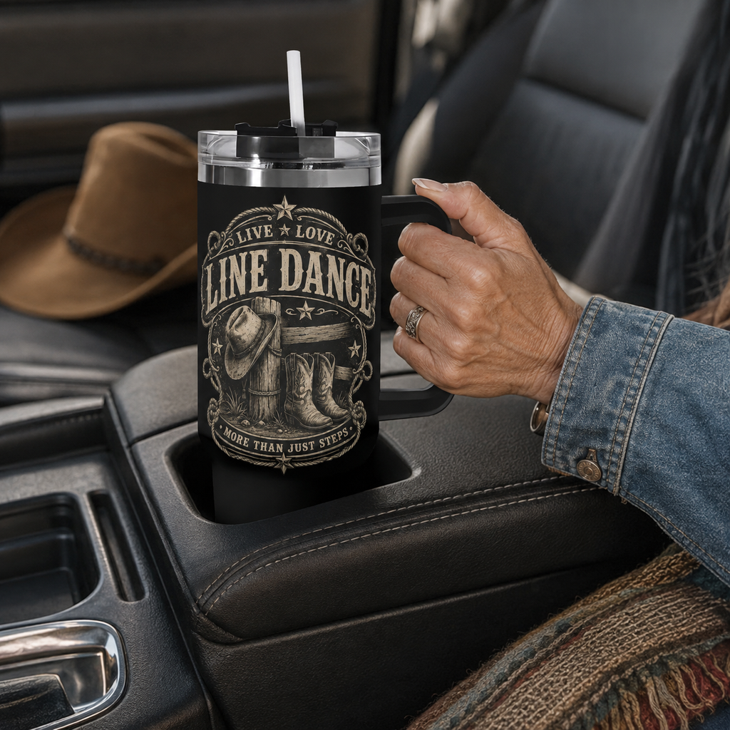 Live Love Line Dance 40 oz tumbler with one handle held by a mature woman during a country road trip