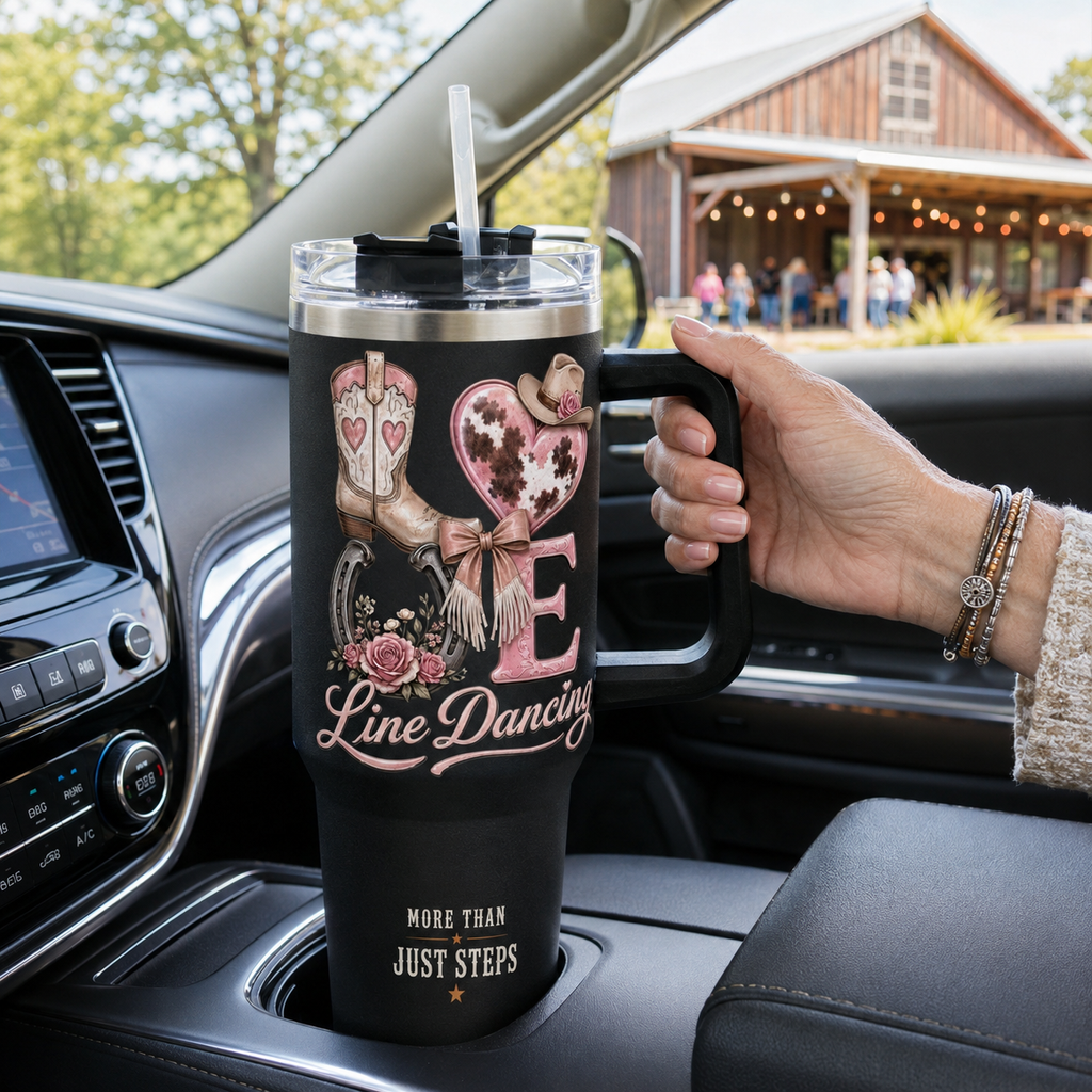 LOVE Line Dancing 40 oz handled tumbler fitted in a car cup holder
