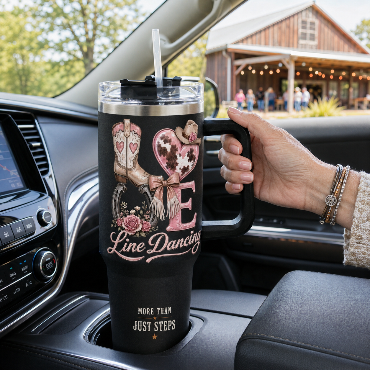 LOVE Line Dancing 40 oz handled tumbler fitted in a car cup holder