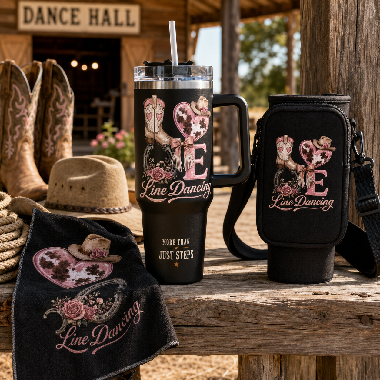 LOVE Line Dancing 40 oz tumbler styled with matching carrier bag and printed towel