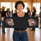 Woman displaying the full 90 cm LOVE Line Dancing quick-dry towel at a dance hall