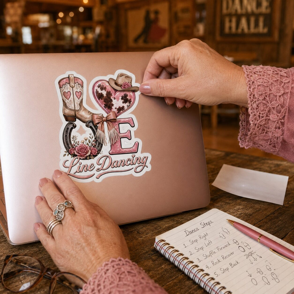 Woman applying a pink LOVE Line Dancing kiss-cut sticker to a rose-gold laptop at a country dance hall