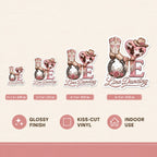 LOVE Line Dancing kiss-cut sticker size guide showing 2, 3, 4 and 6 inch options
