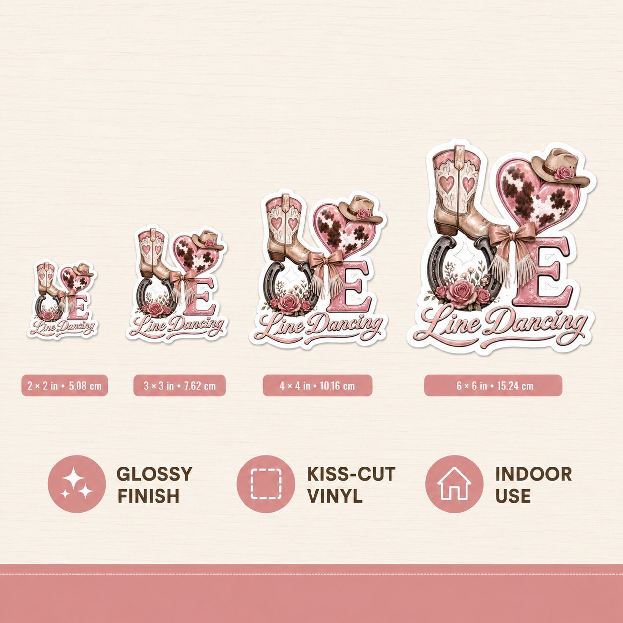 LOVE Line Dancing kiss-cut sticker size guide showing 2, 3, 4 and 6 inch options
