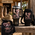 LOVE Line Dancing quick-dry towel styled with matching 40 oz tumbler and carrier bag