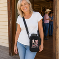Woman wearing LOVE Line Dancing 40 oz tumbler carrier crossbody at a country dance hall