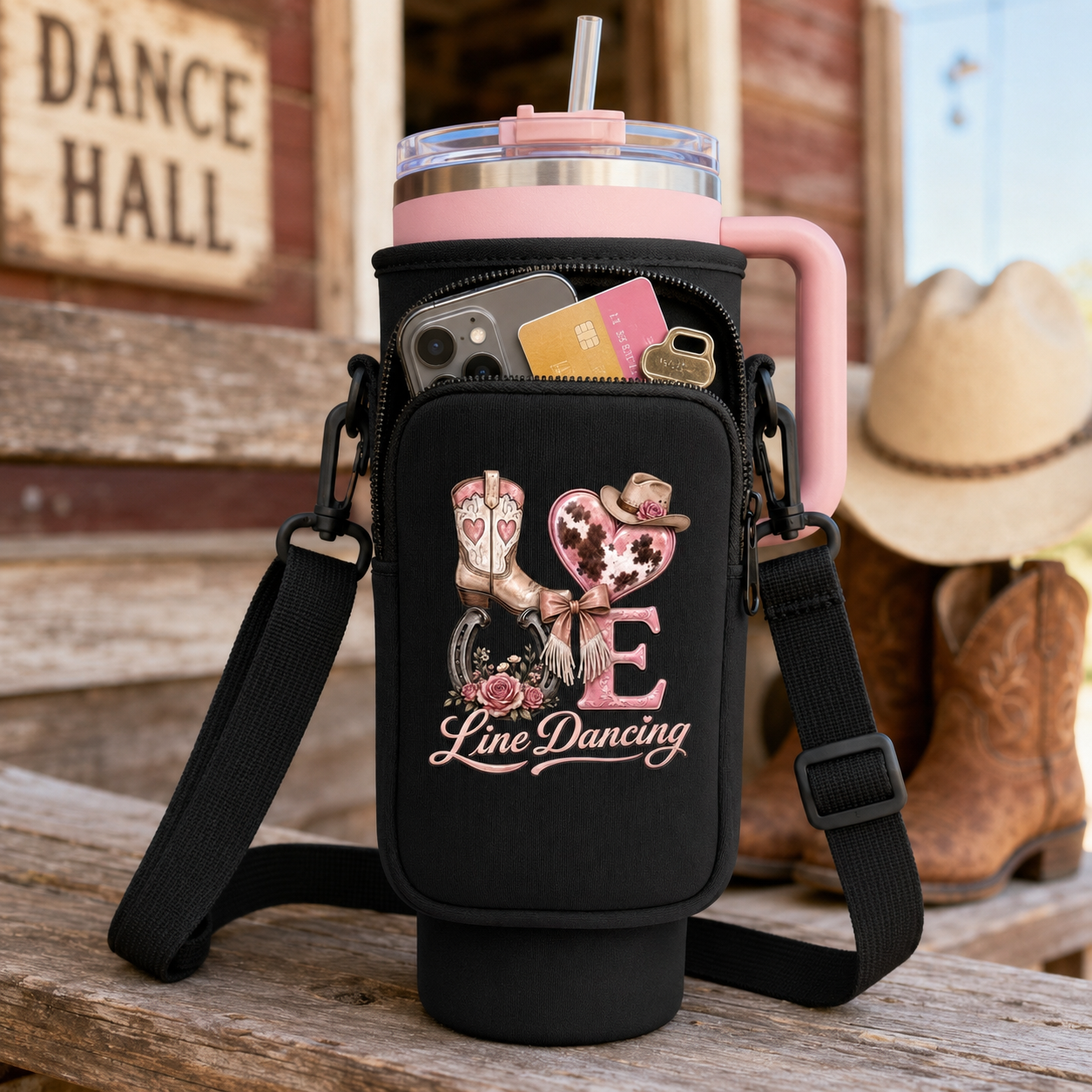 LOVE Line Dancing 40 oz tumbler carrier with zipped pocket for phone cards and keys