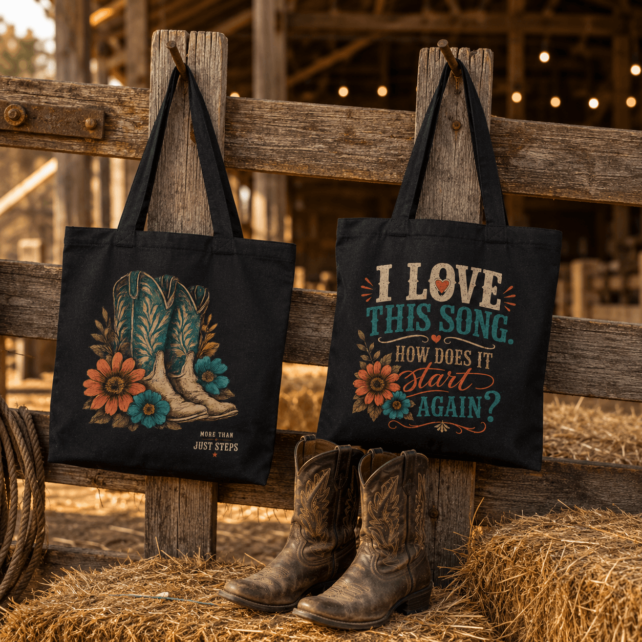 Black line dancing tote bag hanging outdoors, featuring cowboy boots, flowers and the ‘I Love This Song’ design.