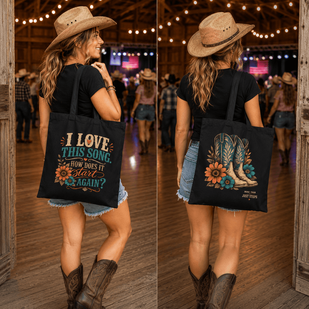 Black canvas tote bag with colourful cowboy boots and floral artwork reading ‘I Love This Song… How Does It Start Again?’