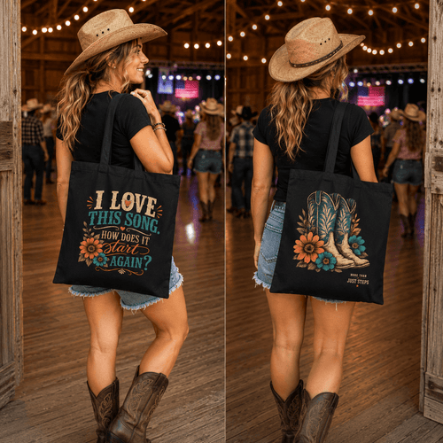 Black canvas tote bag with colourful cowboy boots and floral artwork reading ‘I Love This Song… How Does It Start Again?’