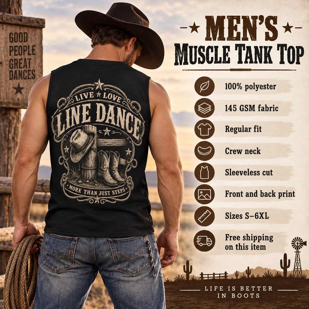 Back view of the Live Love Line Dance men’s muscle tank with More Than Just Steps print